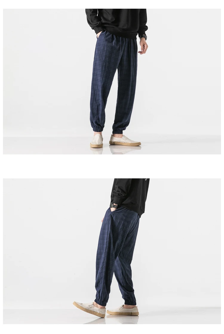 Autumn New Casual Pants Men Cotton Linen Slim Fit Grid Fashion Trousers Male Brand Clothing Plus Size 5XL Y1864