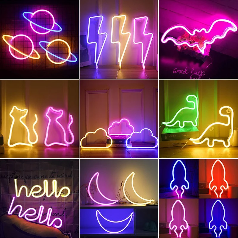 

72 Styles LED Neon Light Hello Wall Art Sign Bedroom Decoration Rainbow Hanging Night Lamp Home Party Holiday Decor Xmas Gift