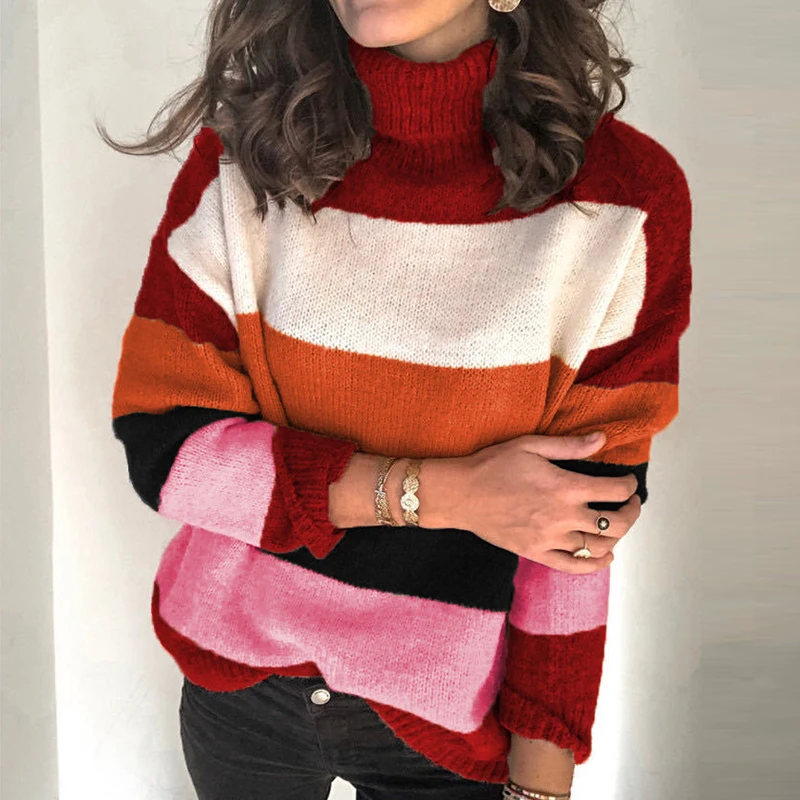 

Women Autumn Turtleneck Knitted Sweater 2021 Winter Vintage Stripe Sweaters Pullovers Casual Patchwork Long Sleeve Sweaters New