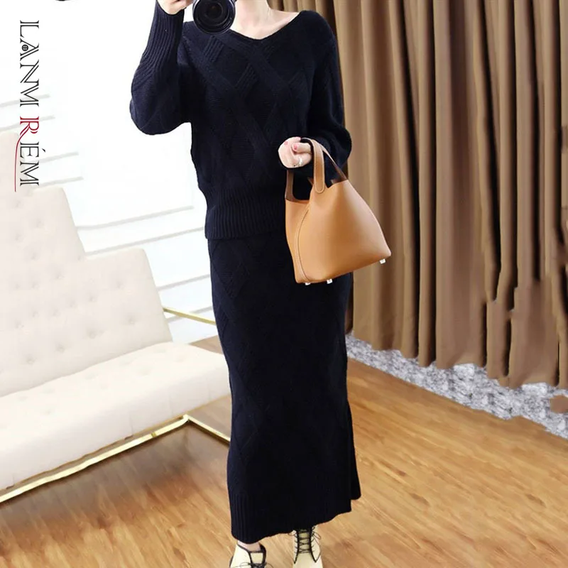 

LANMREM 2021 Зимний новый утолщенный свитер с v-образным вырезом из пряжи с сердечником и высокой талией женский модный комплект из двух предмето...