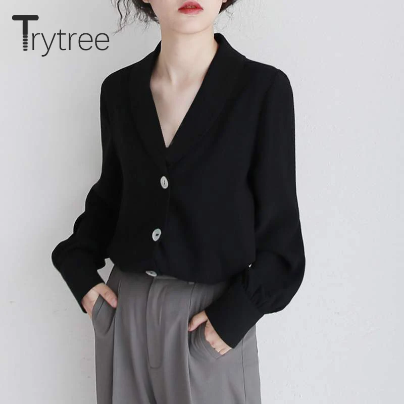 

Trytree Spring Autumn Blouse Women Casual V-neck Solid Black Single Breasted Loose Fashion Vintage All-Purpose Style Blouse Tops