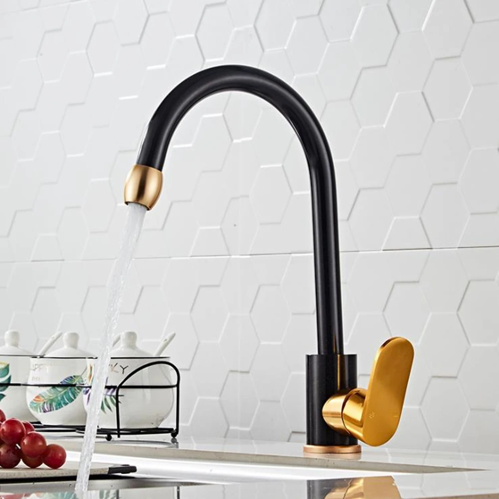 Черный алюминиевый смеситель для горячей и холодной воды, смесители для крана, Золотая Одиночная ручка, одно отверстие, крепление на раковину, смеситель с поворотом на 360 градусов