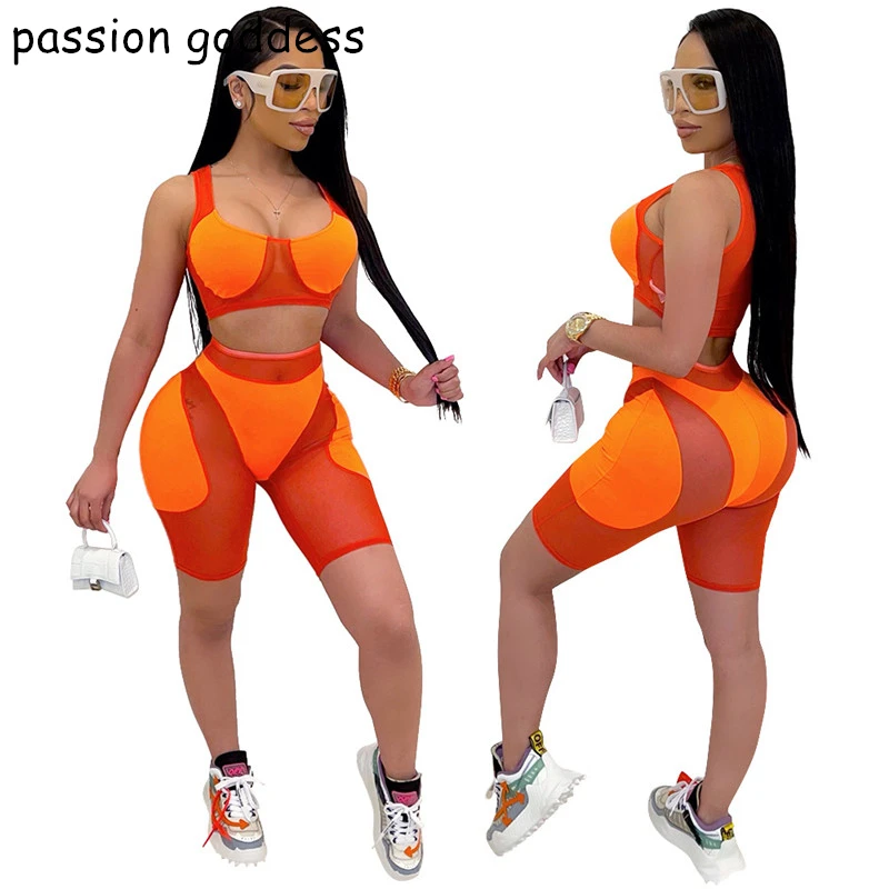 

2021 Summer Plus Size Casual Two Piece Set Women Shorts Outfits Perspective Mesh Crop Top Skinny Sexy Clothing Sets Tracksuits