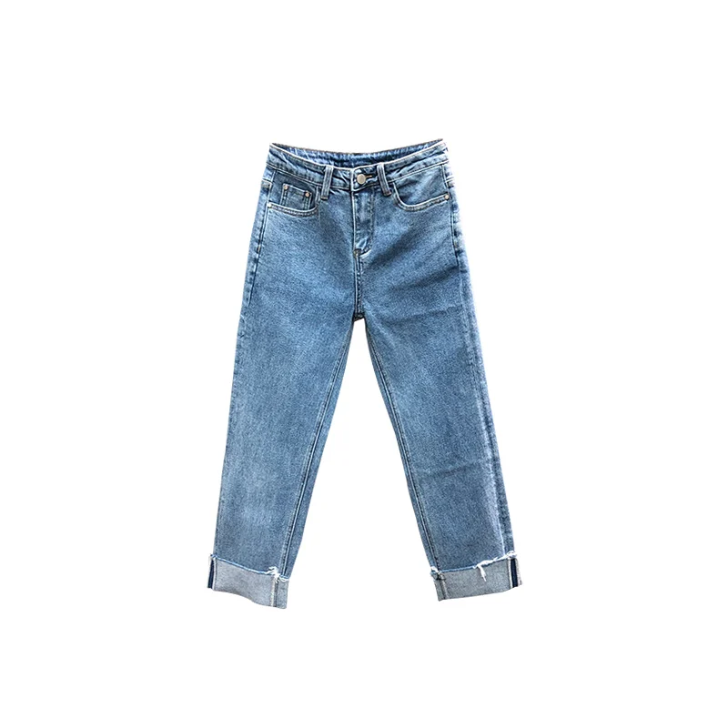

Women's Cropped Flanging Straight Jeans 2021 Autumn Fashion High Waist Loose Denim Pants Female Wide Leg Blue Trousers