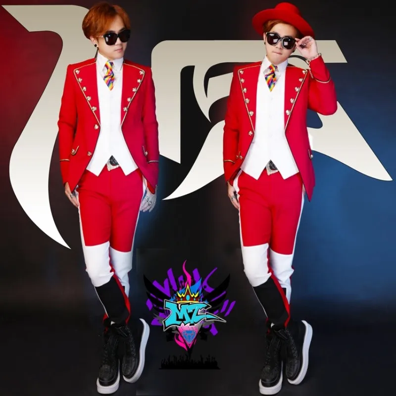 

2022 NEW Plus Size New Suit 2021 Men Slim Dj 2pm Jun.k Black And White Red Court Costume Lapel Singer Suits Male Blazer Stage