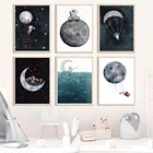 Картина на холсте с изображением космоса, астронавта, Луны, звезд, мальчика