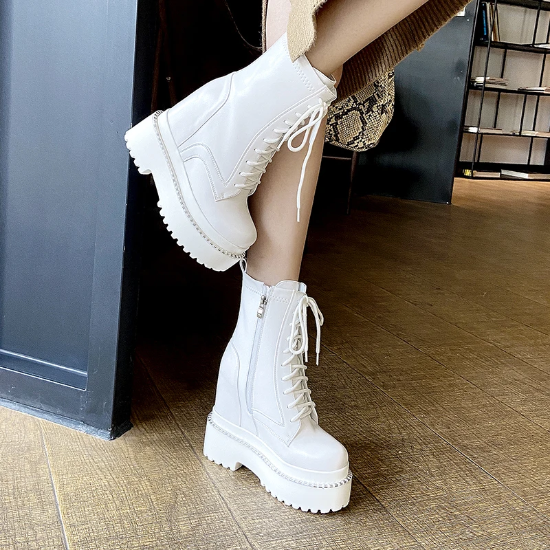 Harga Ukuran 34-41 Seksi Tali Wanita Kulit Musim Gugur Boots Tumit Hitam Gothic Punk Gaya Wedges Sepatu Wanita Alas Kaki Tinggi Qua