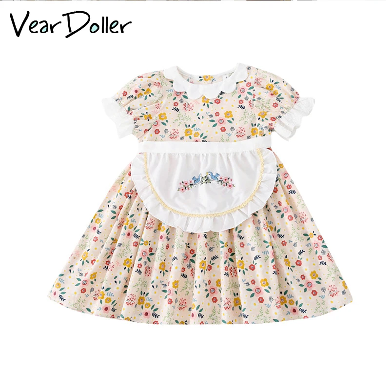 

Детское летнее платье VearDoller 2021, платье принцессы с цветочным кружевом и коротким рукавом и фартуком, Детская богемная одежда для маленьких ...