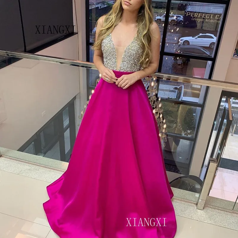 

2020Rose Evening Dresses Long Satin A-Line Deep V-Neck Backless Beading Floor Length Formal Party Gowns Evening Dress Vestidos