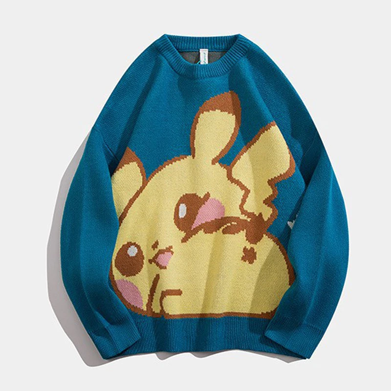 

Monster Print Cartoon Large Size Knit Sweater Casual Korean Pullover Pikachu Loose Turtleneck Sweater for Women Autumn Winter