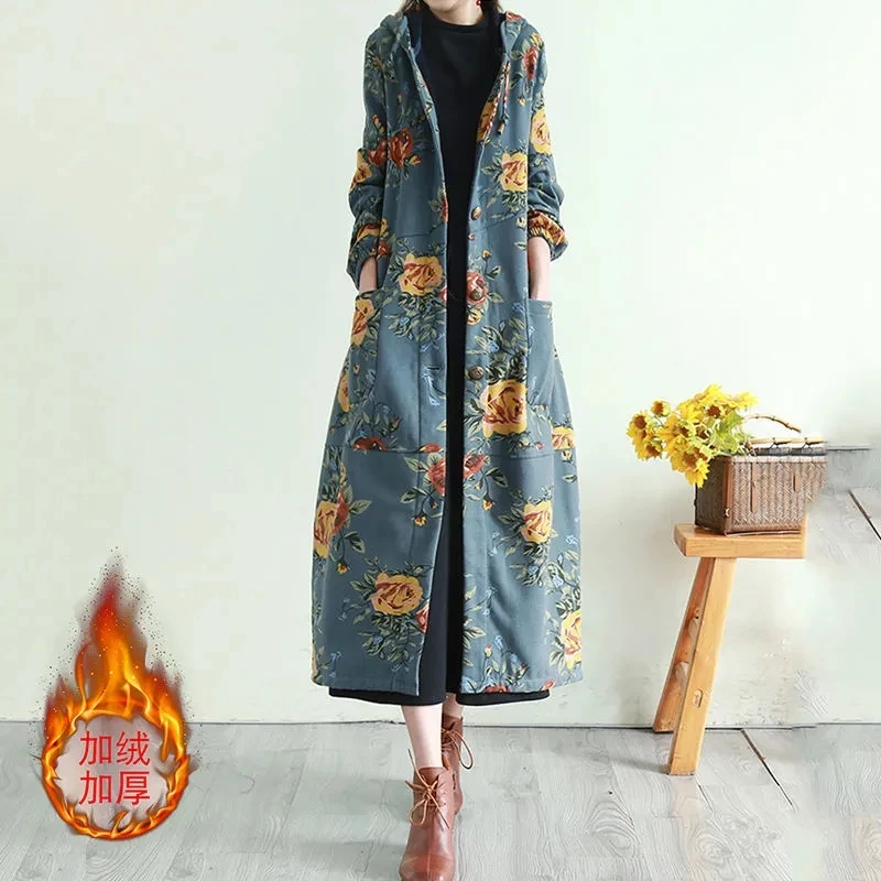 

Windbreaker Jackets Women Plus Velvet Thick Coat2021Winter Retro Hooded Cotton Padded Jacket Female printing Overwear Ladies Top