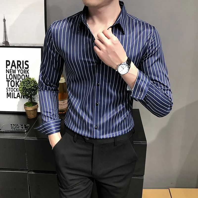 

Рубашка мужская приталенная однотонная, брендовая, в европейском и британском стиле, с длинным рукавом, в полоску, деловая Молодежная