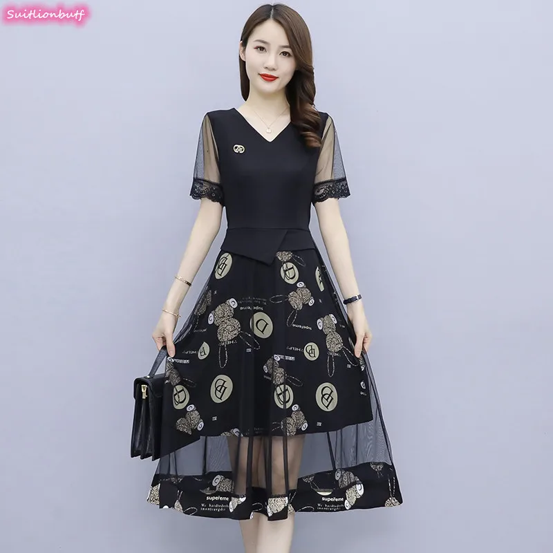 

Летние платья 2021 размера плюс женская одежда из сетчатой ткани с коротким рукавом больших размеров Robe FakeTwo частей с соединением внакрой, бук...