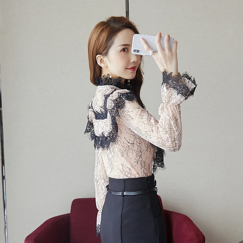 

New lace top female long sleeved top spring fairy van thin brim small unlined upper garment