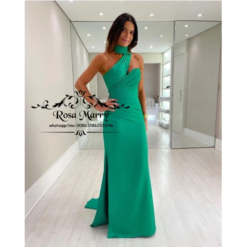 

Women Green Mermaid Long Eveing Dresses 2022 High Neck Side Split Satin Girls Formal Celebrity Party Wear Gowns Vestido De Festa