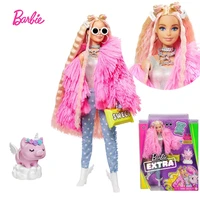 barbie extra doll pink fluffy coat crimped hair and pet unicorn pig with gummy bear ring accessories kids toy grn28