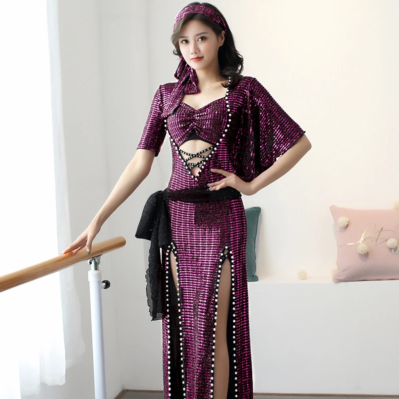 

Belly Dance Clothing Female Sexy Practice Costumes Oriental Dance Performance Stage Wear Autumn Sequin Long Robe Dress DQL2570