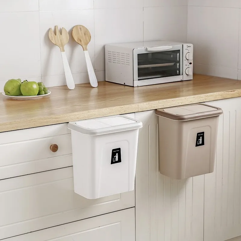

Modern kitchen with lid large hanging type creative push lid trash can without hole wall hanging debris storage bin LB93010