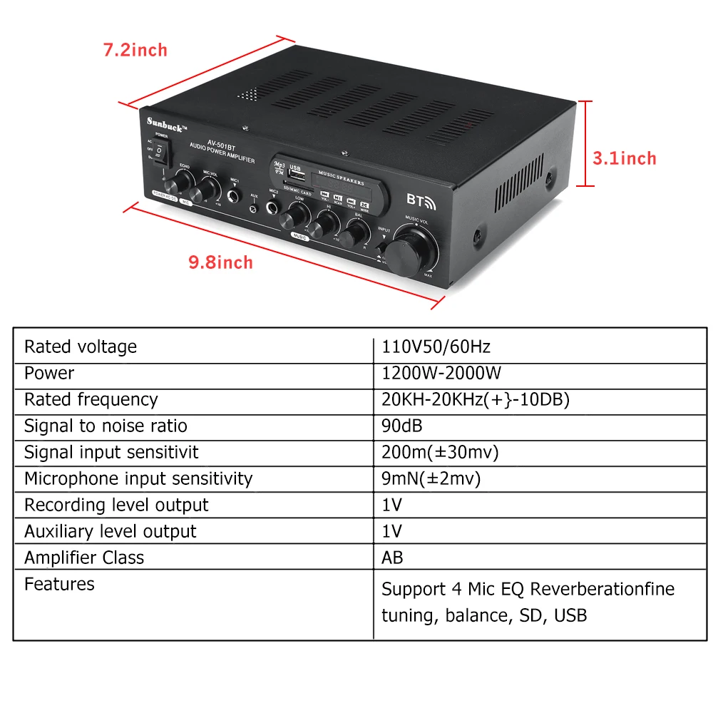 1200W 110V/220V bluetooth Dual Channel Karaoke Mic Input Digital Reverb Home Stereo Amplifier Support USB SD FM AUX | Автомобили и