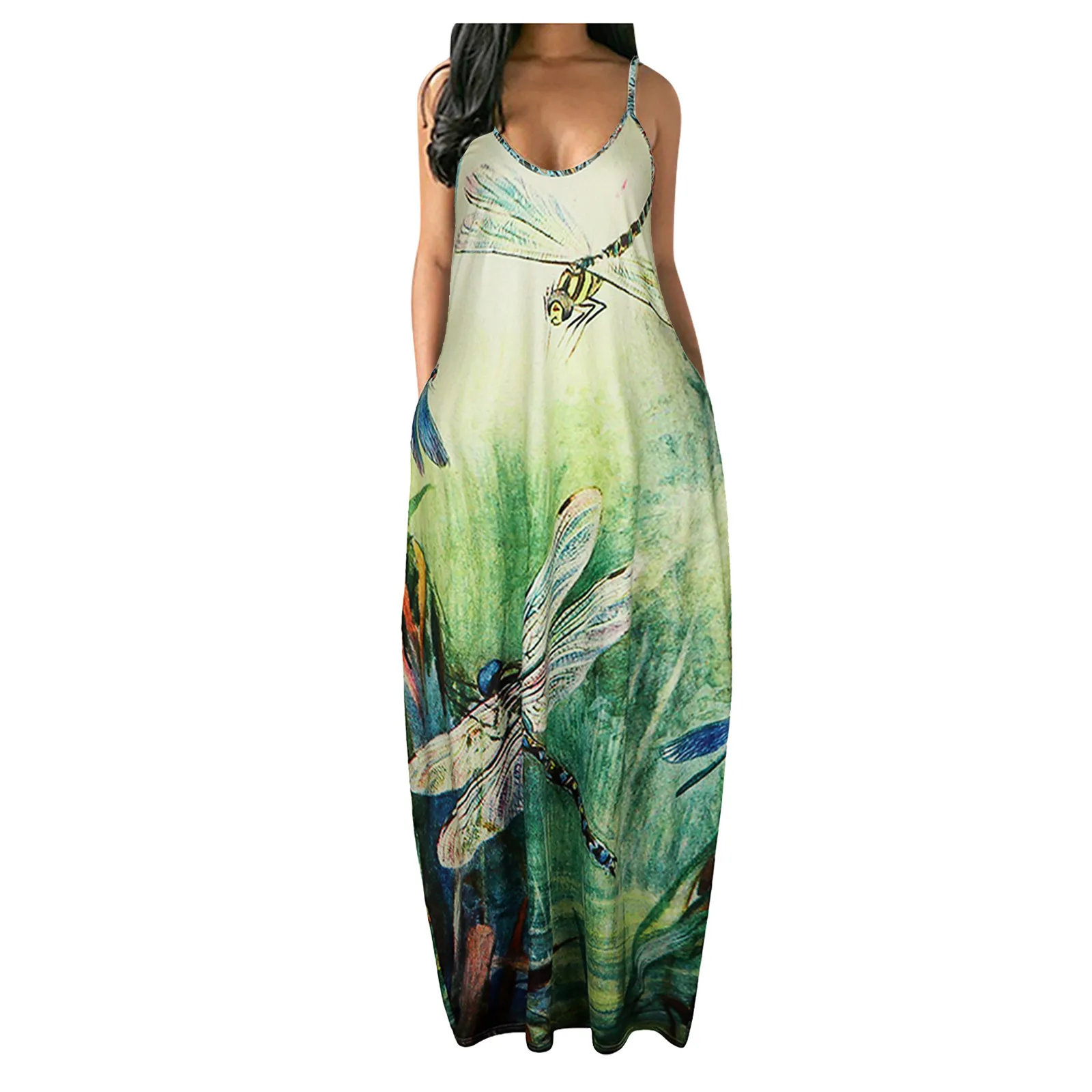 

55# Vintage Long Dress Spaghetti Strap Women Casual Plus Size Stripe V-neck Sleeveless Long Dress With Pockets Geometric