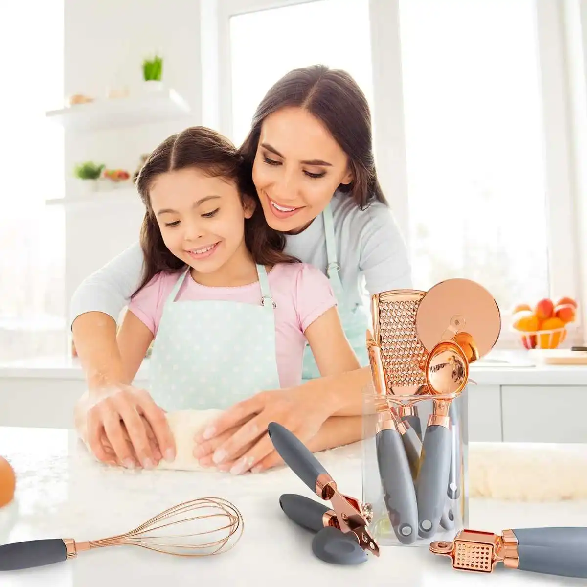 

7pcs Kitchen Gadgets Set Copper Coated Stainless Steel Utensils Ice Scream Scoop Peeler Garlic Press Cheese Grater Whisk
