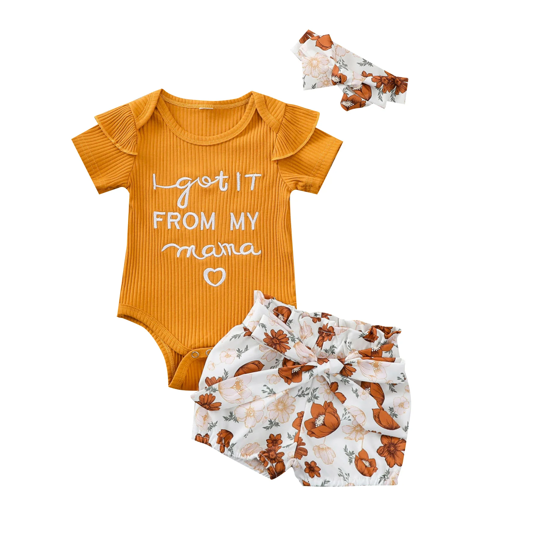 

Newborn's Three Piece Set, Baby's Ribbed Lettering Printed Short Fly Sleeve Shirt Floral Shorts Hair Band for Infants