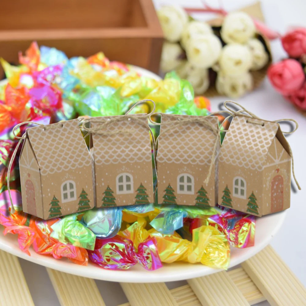 

20/50 Pcs Christmas Candy Packaging House-shaped Jewelry Food Bread Bags Kraft Paper Gift Bags