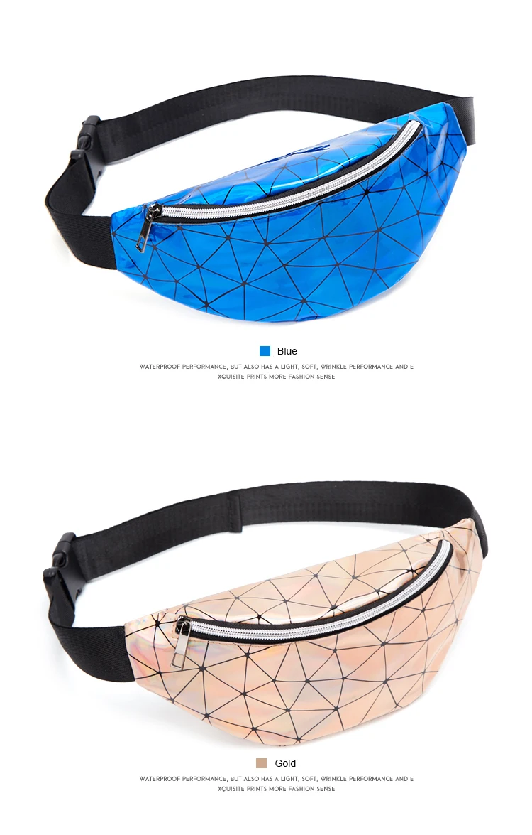 RIAYOOE Fashion women belt bag Geometric black banana bag gold Silver Sequin waist bag Laser Phone Pouch
