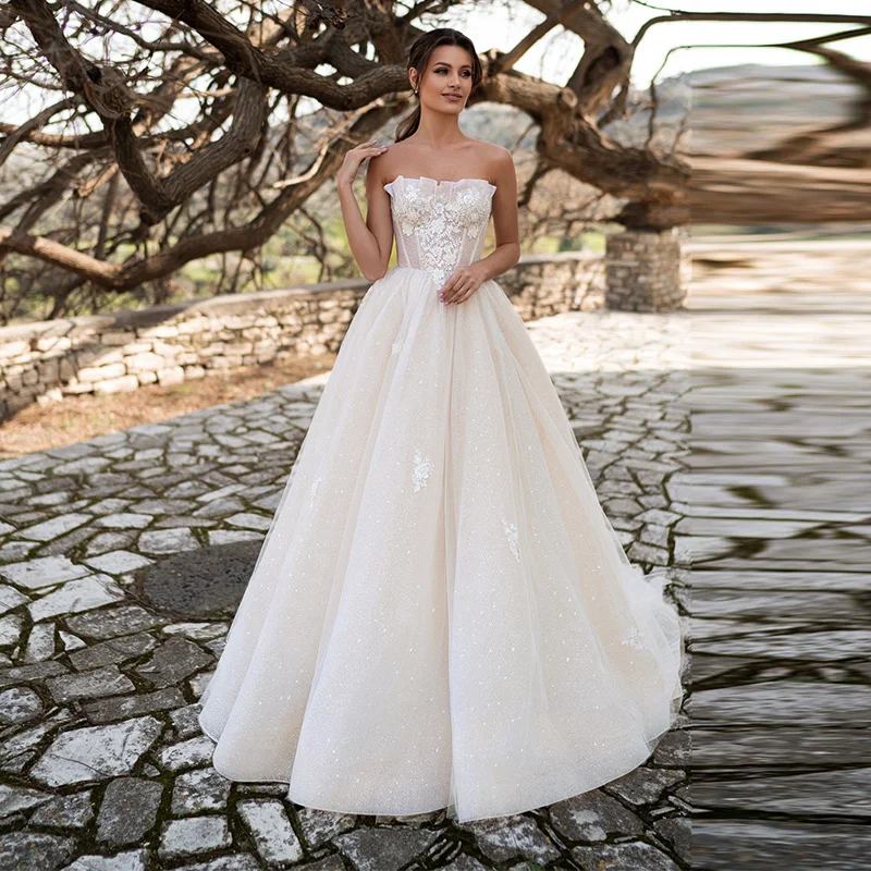 

Thinyfull блестящие свадебные платья Boho с кружевной аппликацией, пляжные трапециевидные Свадебные платья цвета шампанского, иллюзия, кружевное...