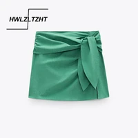 hwlzltzht 2021 skirt women vintage bow high waist green mini skirts fashion side zip female elegant cotton summer skirt