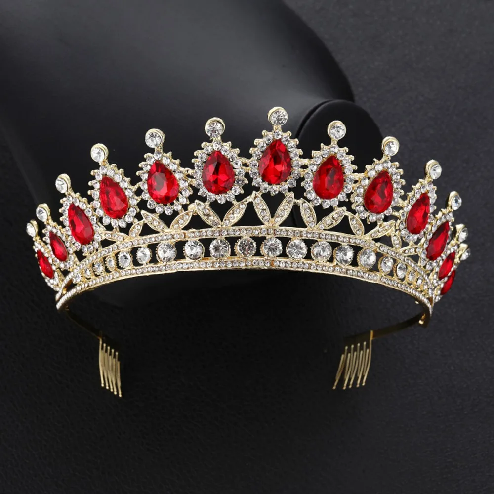 Gold Red With Comb Роскошная сверкающая Стразовая свадебная диадема с кристаллами для невесты украшения для волос головной убор - Окраска металла: Gold Red With Comb