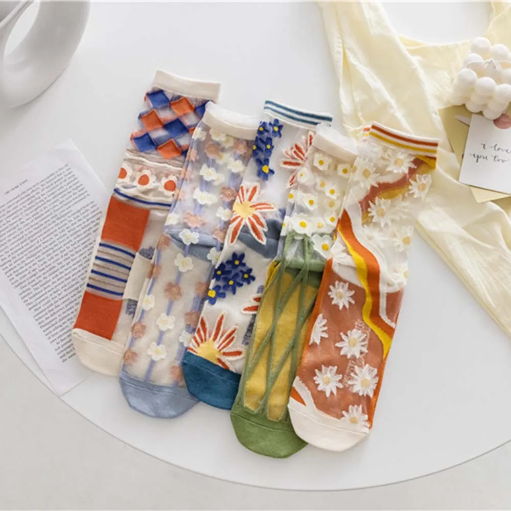 

Summer Japanese Glass Silk Middle Tube Socks Flower Diamond Thin Socks Lace Lovely Female Hosiery