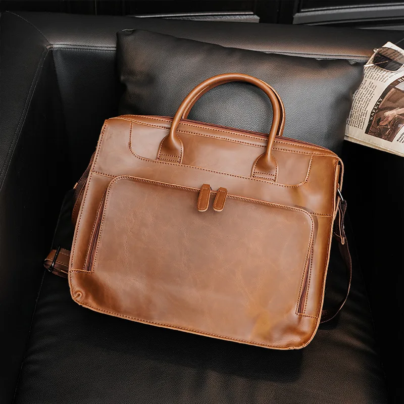 Men's Business Bag Genuine Leather Man Briefcase for Laptop 14 Messenger Cow Leather Bag Fashion Brown Shoulder Document A4 Bag