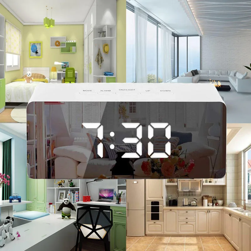 

LED Mirror Alarm Clock Digital Snooze Table Clock Wake Up Light Electronic Large Time Temperature Display Home Decoration Clock