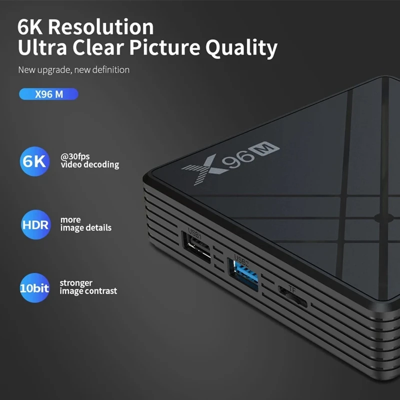 

X96M Smart TV Box Android 9.0 Allwinner H603 Cortex-A53 Quad Core 64 Bit 2GB RAM/16GB ROM 2.4G WiFi Support TF Card 6K HD Media