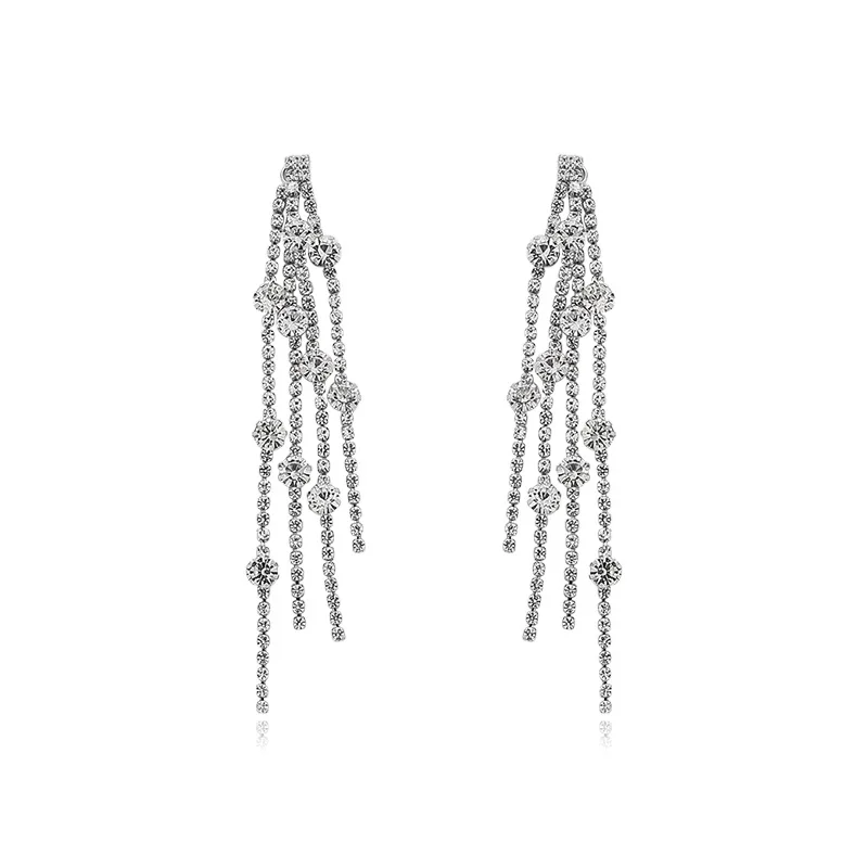 

CH-1470 S925 silver needle flash diamond long tassel earrings net celebrity high sense exaggerated earrings women