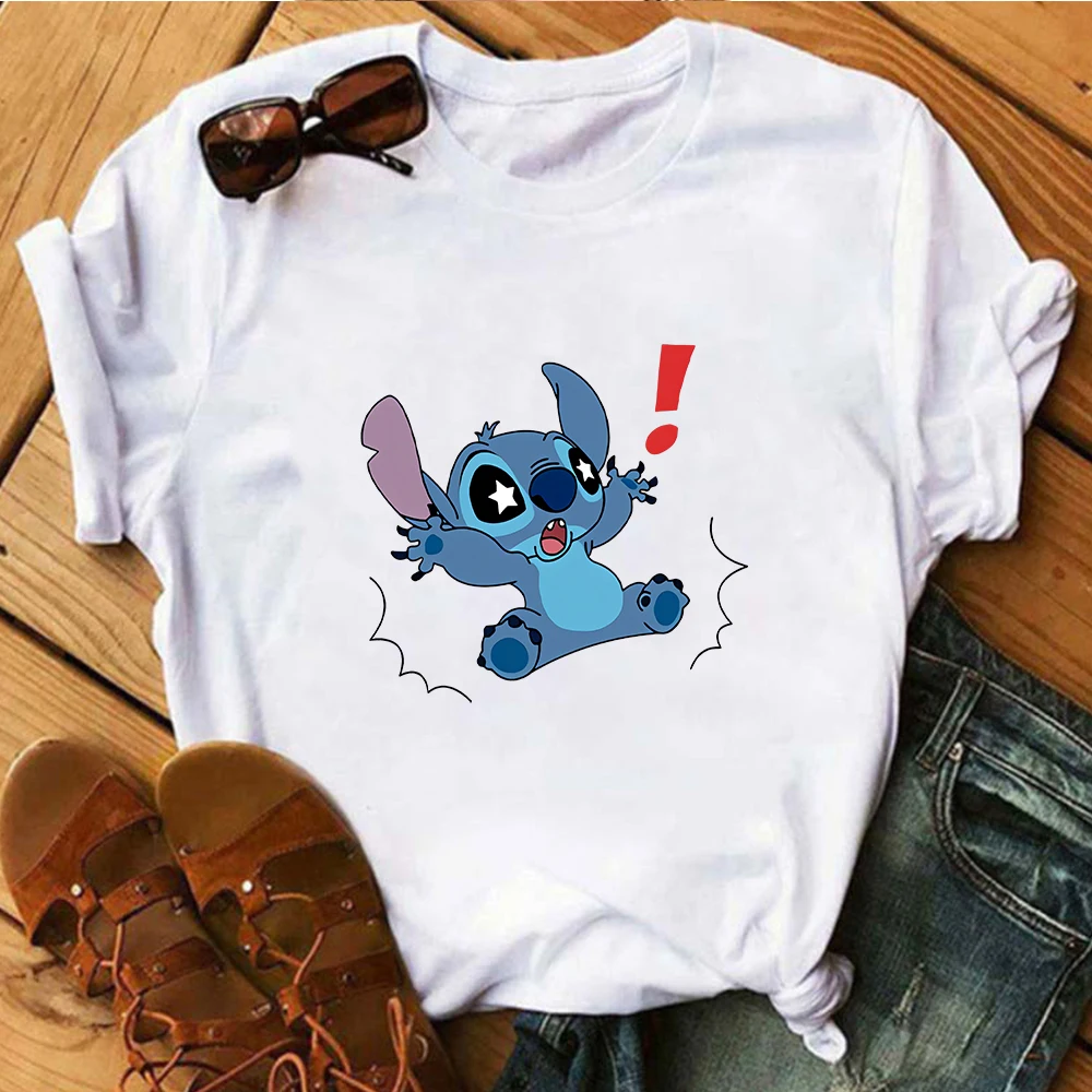 

Kawaii Stitch T-shirt Women Cartoon T-shirts Tops for Lady S-3XL Summer Female T-shirts White O-neck Ohana Stitch Tees T-shirts