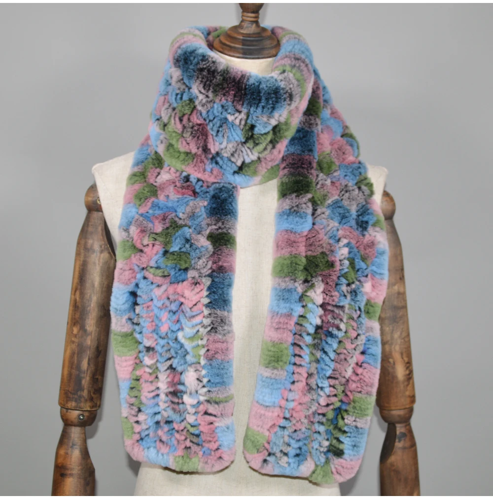 Winter Long Style Women Real Rex Rabbit Fur Scarf Rex Rabbit Fur Warm Soft Ring Scarfs High Quality Knit Rabbit Fur Scarves