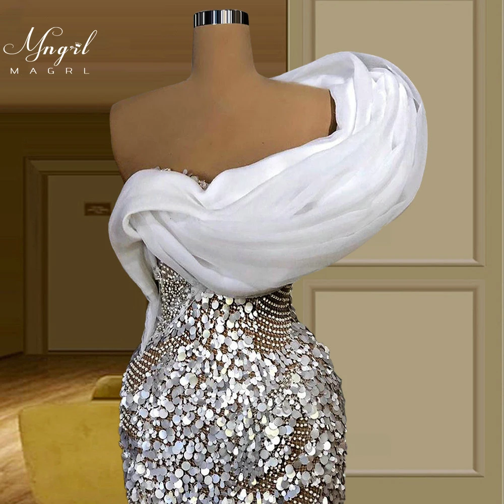 

MNGRL Luxury Evening Dress One-shoulder Long Sleeves Hand-applied Diamonds Glittering 2021 New Evening Dress Party Dress