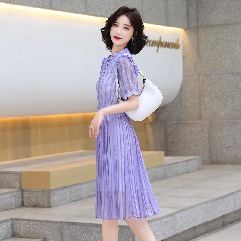 Femmes Midi Plissée Rayée Chemise Violette Robe D'été 2021 Piste Coréen Élégant Fée Décontracté Mer Plage Vacances Fête Vestidos