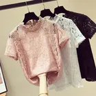 Прямая доставка, модная новая кружевная рубашка, кружевной топ с круглым вырезом и коротким рукавом, жаккард, полая Футболка Стиль, однотонный Кружевной Топ для женщин