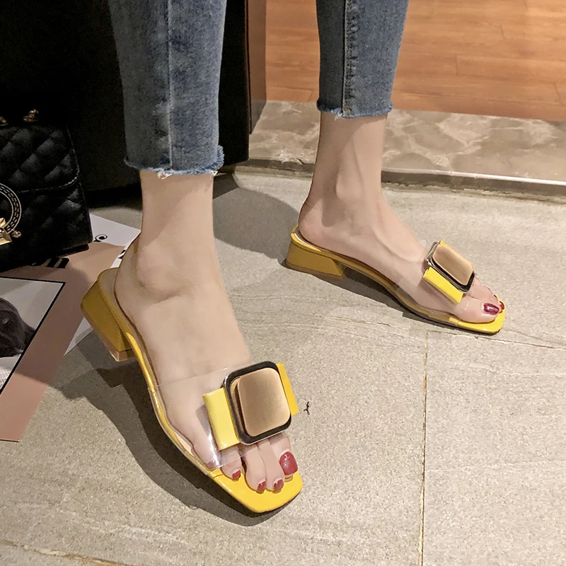 

Metal Buckle PVC Transparent Slippers Female New Summer Women Slippers Square Heels Party Shoes Open Toe Ladies Shoes For Women