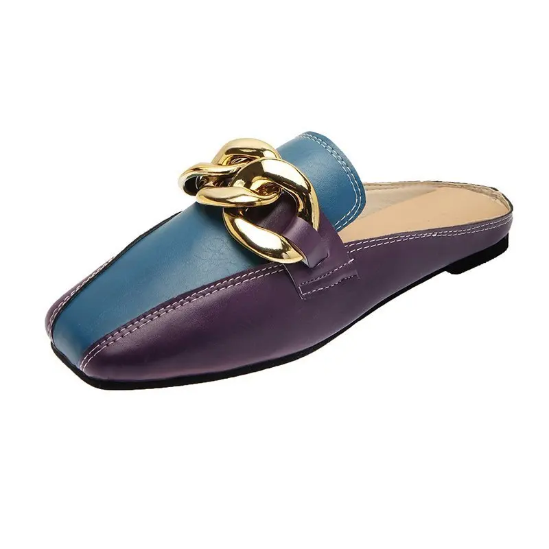 

Ladies Sandals Baotou Half Slippers Women 2021 New Color Combination Flat Metal Chain Large Size Slippers Square Toe Mules