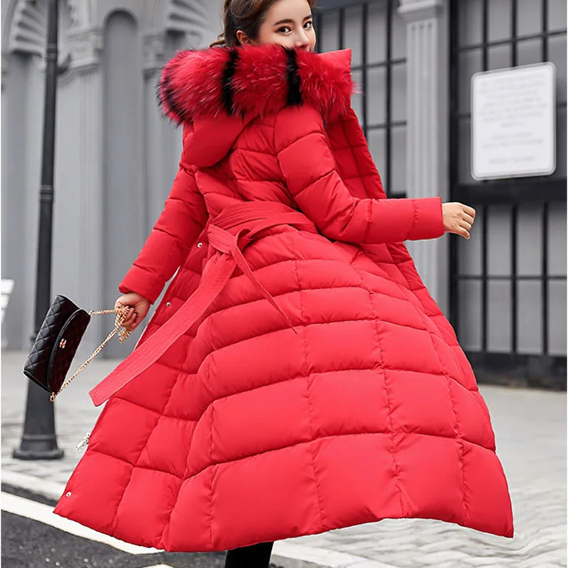 QIHUANG/женское пуховое пальто с капюшоном и меховым воротником Длинные теплые