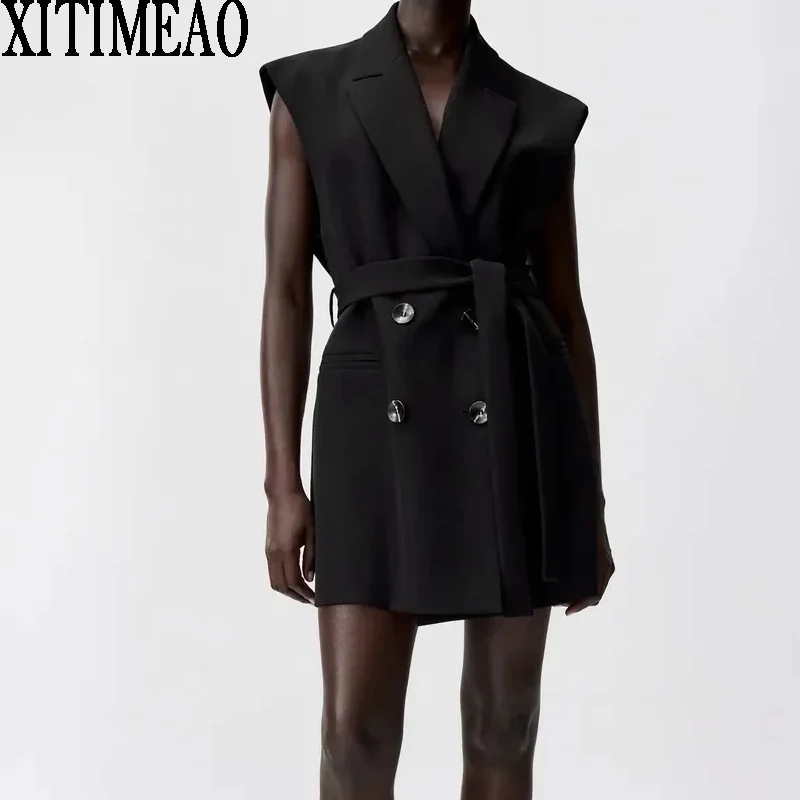 

Za New Vest Coat Women Spring Autumn Sleeveless Lapel Solid Color Long Vest Jacket With Belt Outerwear