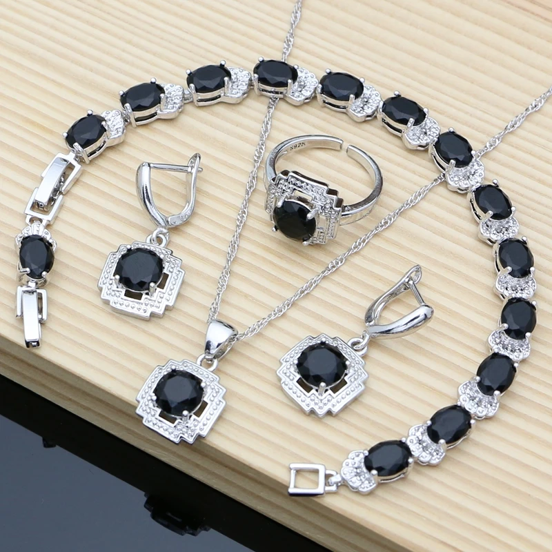 

Bride Women Silver 925 Jewelry Sets Black Gemstone Birthstone Earrings Bracelet Resizable Ring Necklace Sets Gift for Her