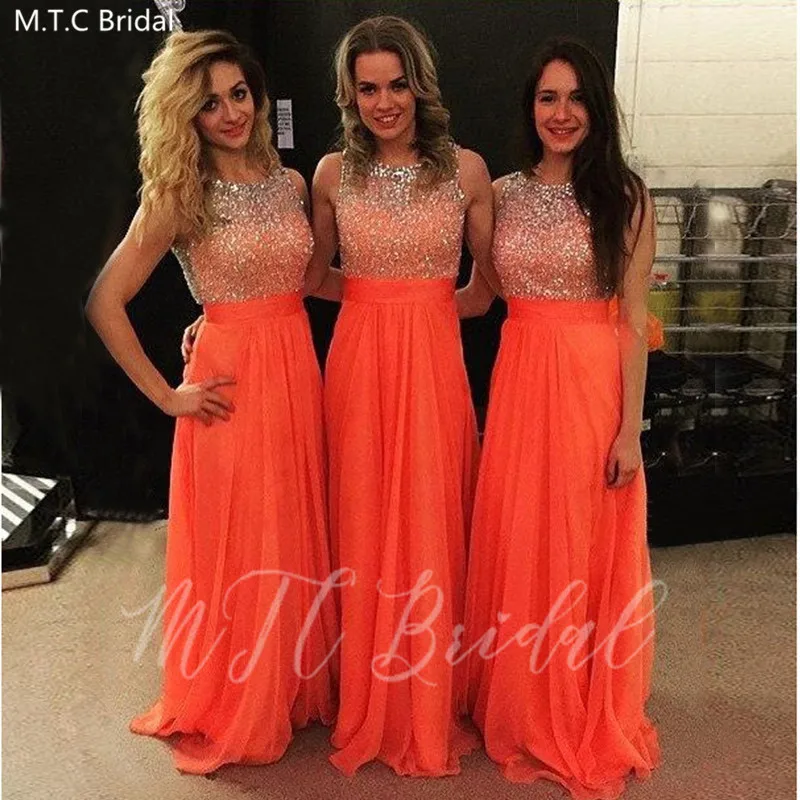 Блестящие Оранжевые платья подружек невесты с бантом трапециевидной формы без