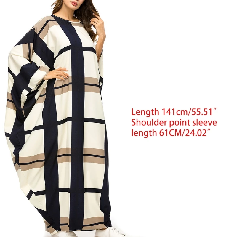 

Full Bat Sleeve Dress Gowns Fashion Plaid Muslim Loose Long Abaya Robes Kimono for Womens Girls M6CD