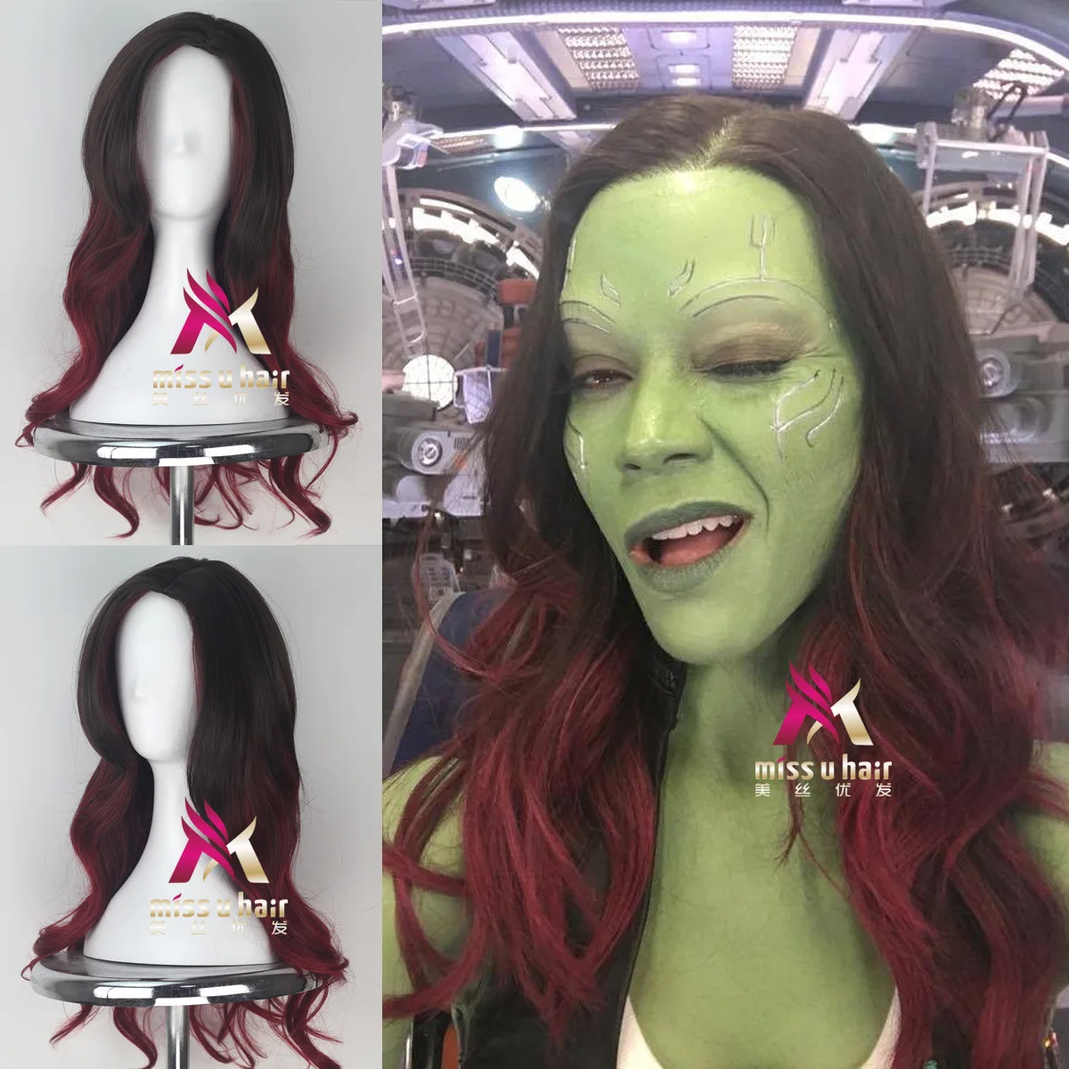 Guardianes de la galaxia 2, peluca de cosplay de Gamora para mujer, pelo largo ondulado de película de Anime, peluca de Cosplay para Halloween