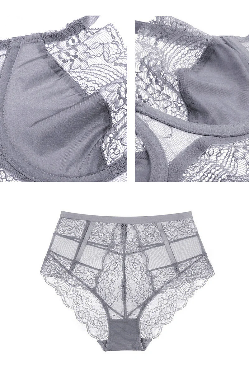 Размера плюс, новое французское Сексуальное Женское ультра-тонкое розовое цветочное кружевное нижнее белье без подкладки, красивый бюстгальтер и трусы с высокой талией, наборы нижнего белья